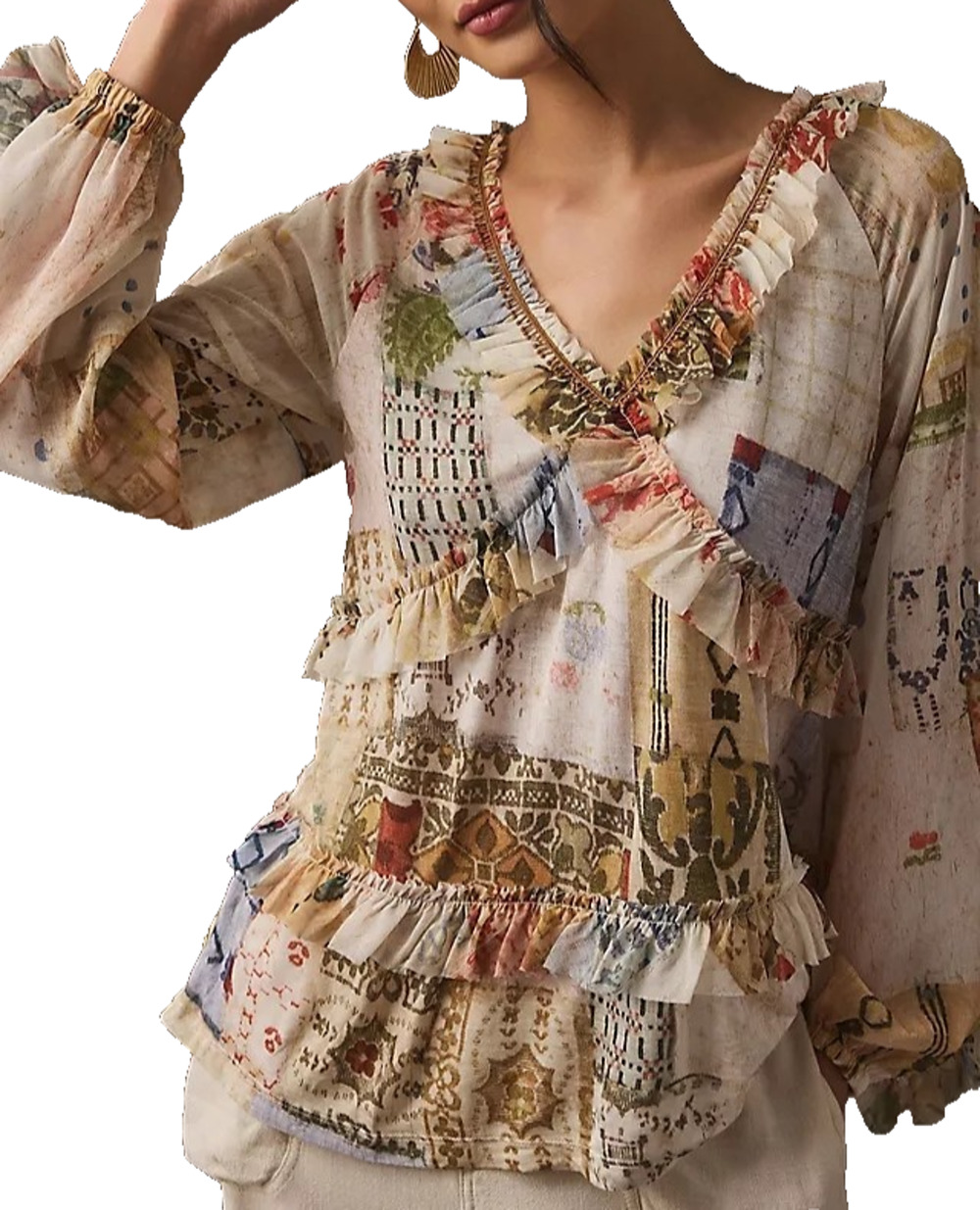 Anthropologie Tiny Ruffled Tunic Top Womens Size XXS Cream Patchwork Print Boho